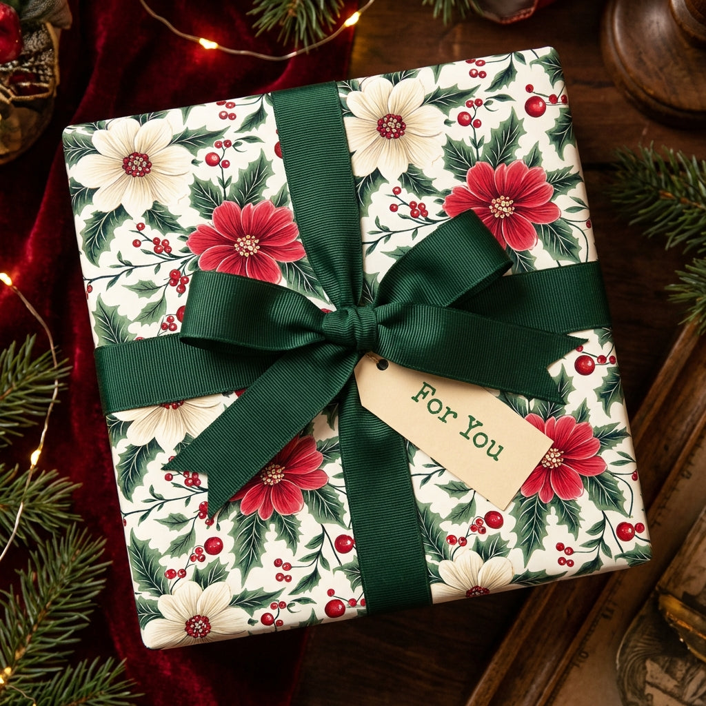 Elegant Christmas gift wrap. Square box with floral wrapping paper, green ribbon, and "For You" tag.