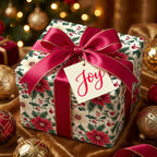 Floral Christmas wrapping paper with red satin ribbon and "Joy" tag.