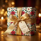 Elegant floral Christmas wrapping paper with gold ribbon and "Season's Greetings" tag.