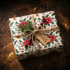 Elegant Christmas gift wrap with red floral design, twine bow, and a NOEL tag.