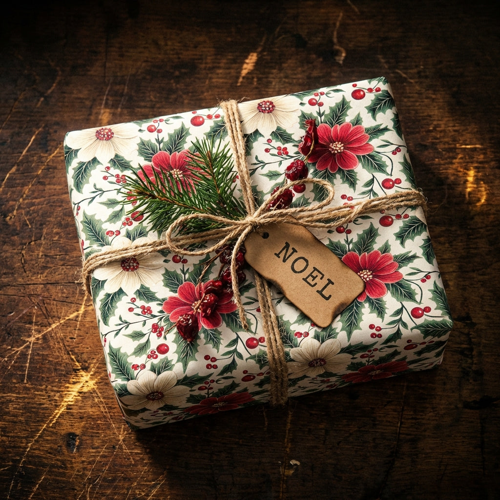 Elegant Christmas gift wrap with red floral design, twine bow, and a NOEL tag.