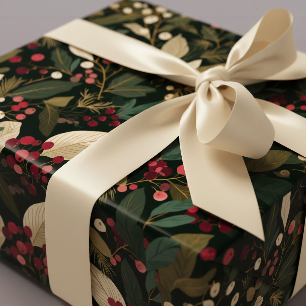 Elegant Christmas gift box wrapped in dark floral wrapping paper with ivory ribbon.
