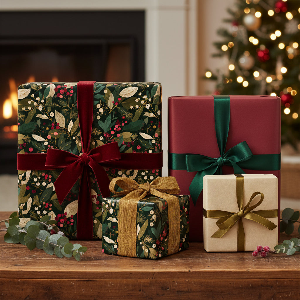 Elegant Christmas gifts wrapped in floral and solid color paper with velvet and satin ribbons in front of a fireplace.