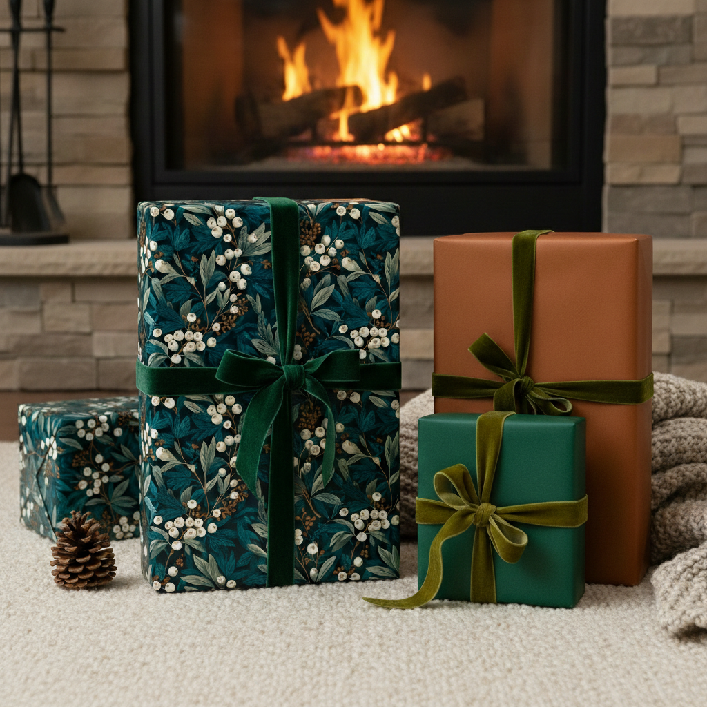 Elegant Christmas gift wrap: floral wrapping paper with velvet ribbon against a warm fireplace backdrop.