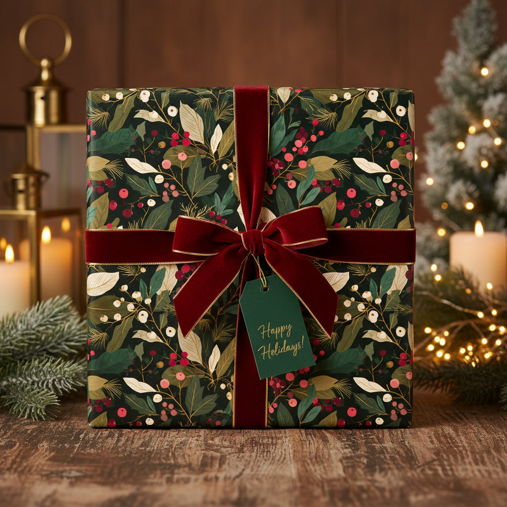 Elegant Christmas gift wrapped in dark green floral wrapping paper with a velvet burgundy ribbon and "Happy Holidays!" tag.