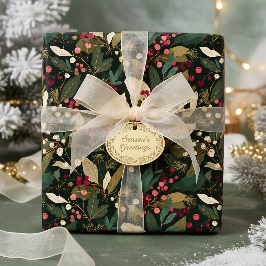 Elegant gift box wrapped in dark floral Christmas wrapping paper with sheer ribbon and "Season's Greetings" tag.
