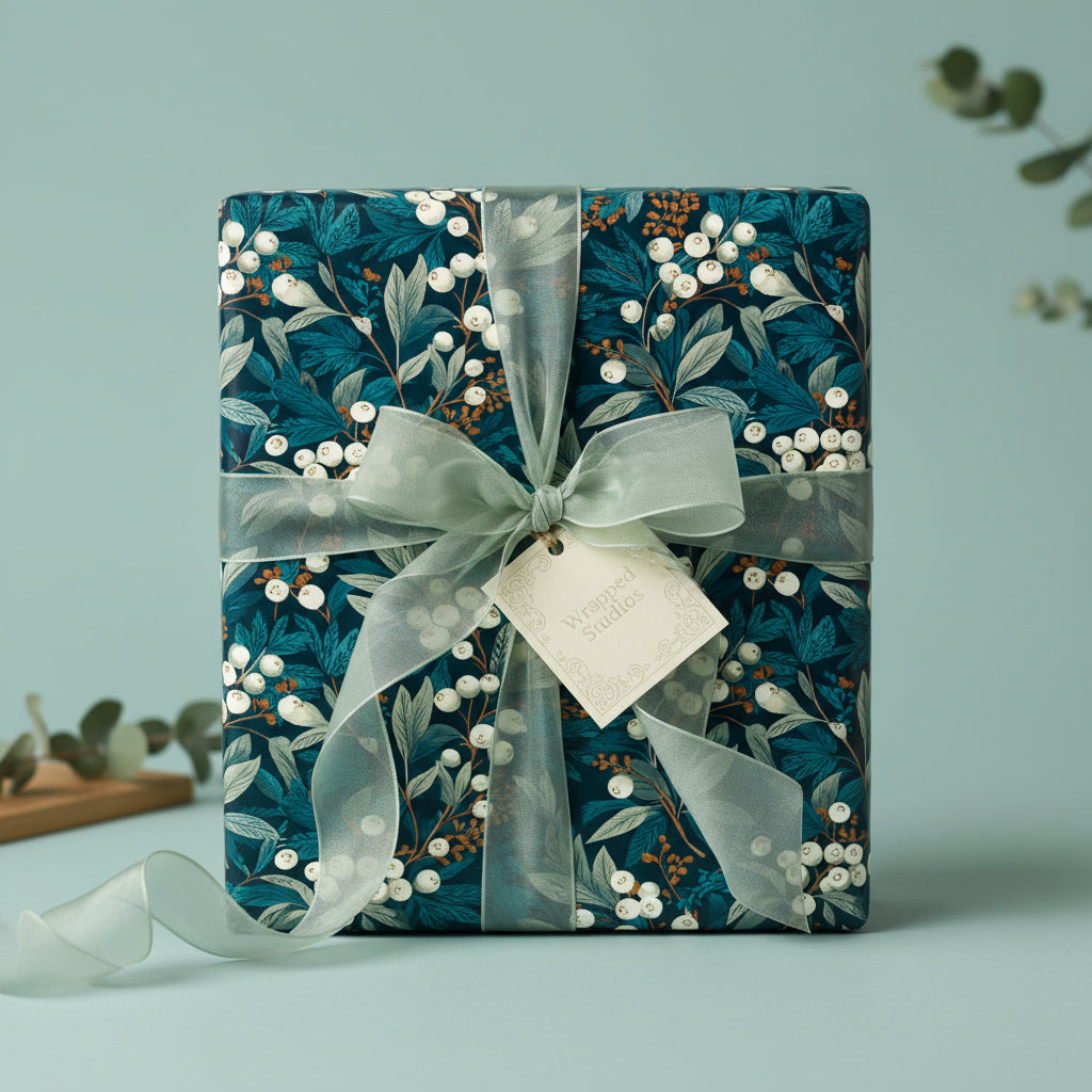 Elegant gift box wrapped in dark teal floral wrapping paper with a sheer sage ribbon.