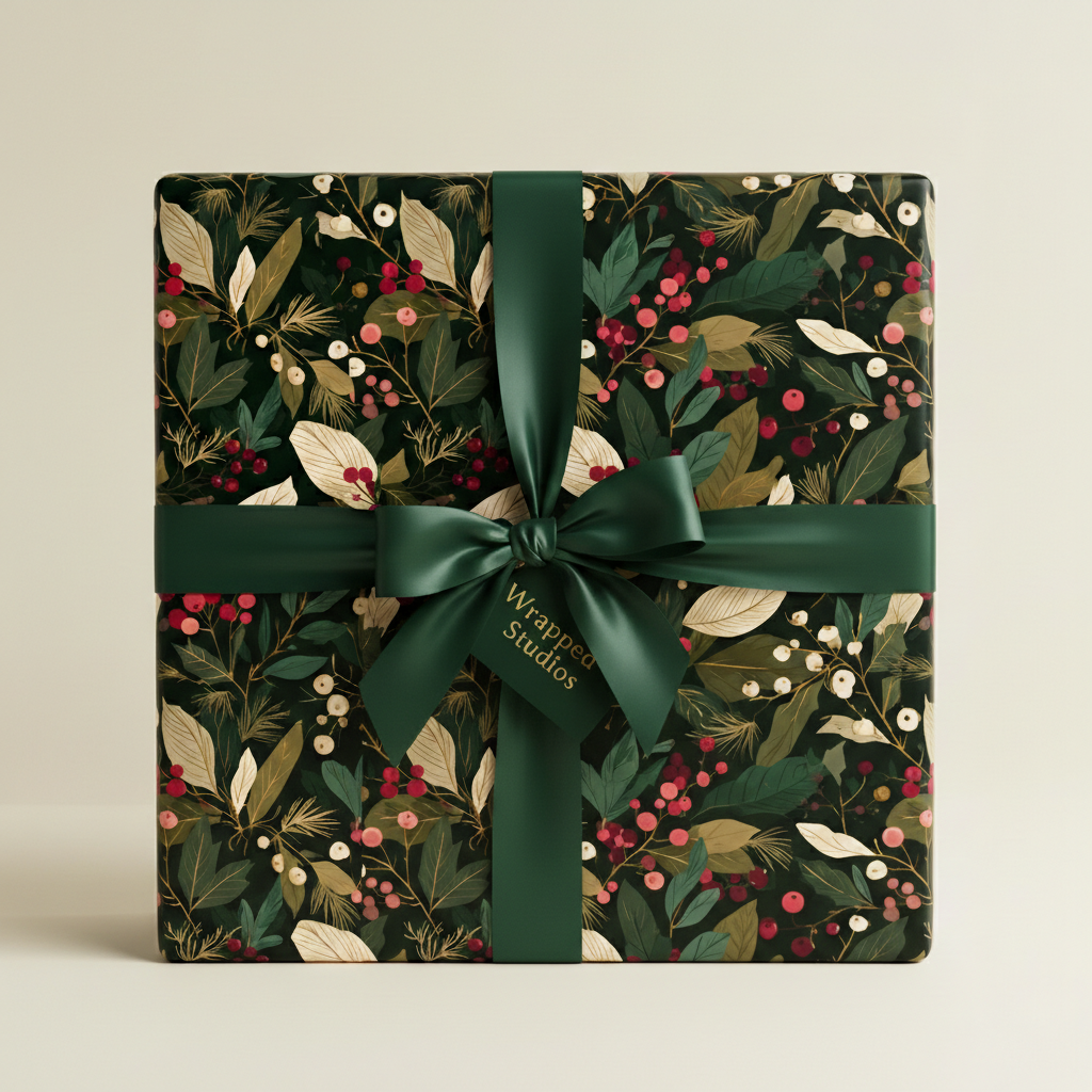 Elegant Christmas gift wrap: botanical floral pattern with deep green ribbon on a square present.