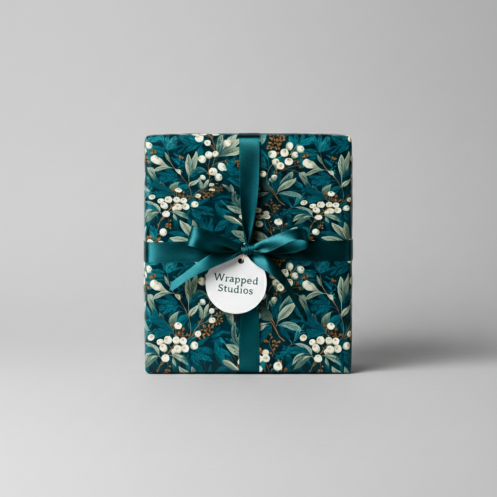 Elegant gift box wrapped in teal floral wrapping paper with a satin teal ribbon.