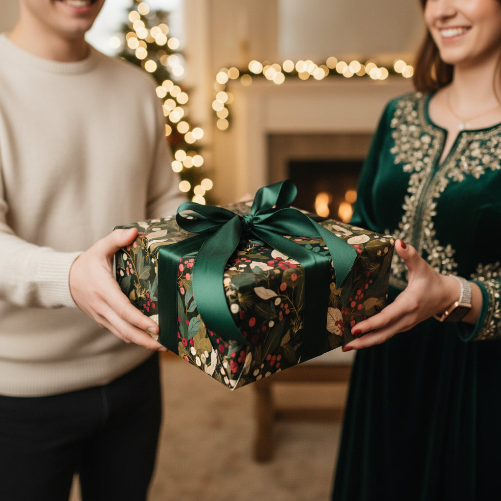 Couple exchanging a gift wrapped in elegant floral Christmas wrapping paper with green satin ribbon.