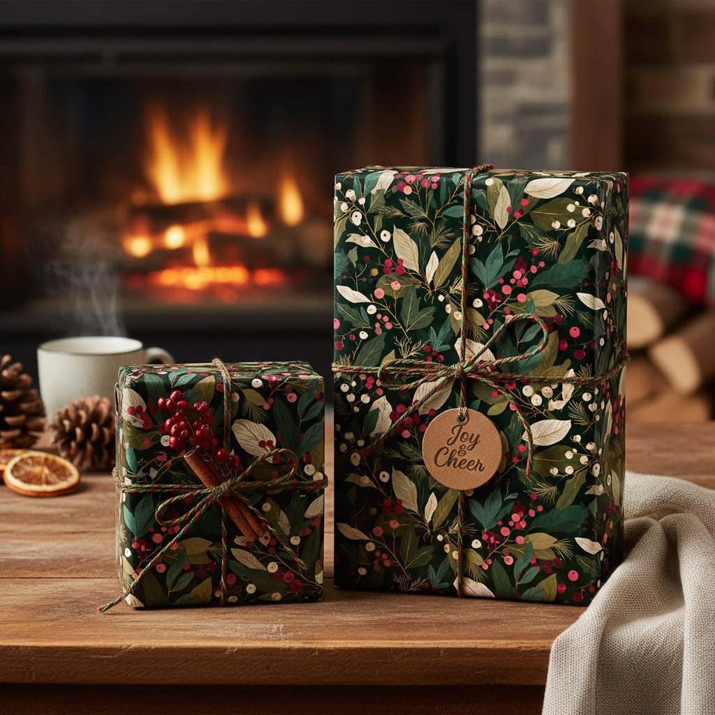 Elegant Christmas gifts wrapped in dark green floral paper with twine bows near a cozy fireplace.