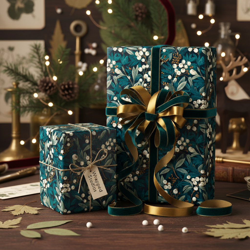 Elegant gifts wrapped in teal floral wrapping paper with gold and velvet ribbon for Christmas or birthdays.