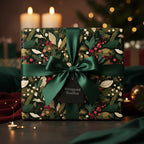 Elegant Christmas gift wrapped in dark floral wrapping paper with green satin ribbon and bow.