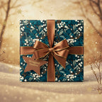 Elegant square gift wrapped in dark floral wrapping paper with a copper satin bow.