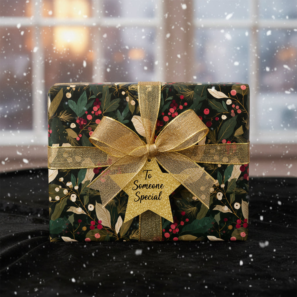 Christmas gift wrapped in dark floral wrapping paper with gold ribbon and star tag.