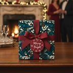 Elegant Christmas gift wrapped in dark floral wrapping paper with a burgundy ribbon and "Merry & Bright" tag.