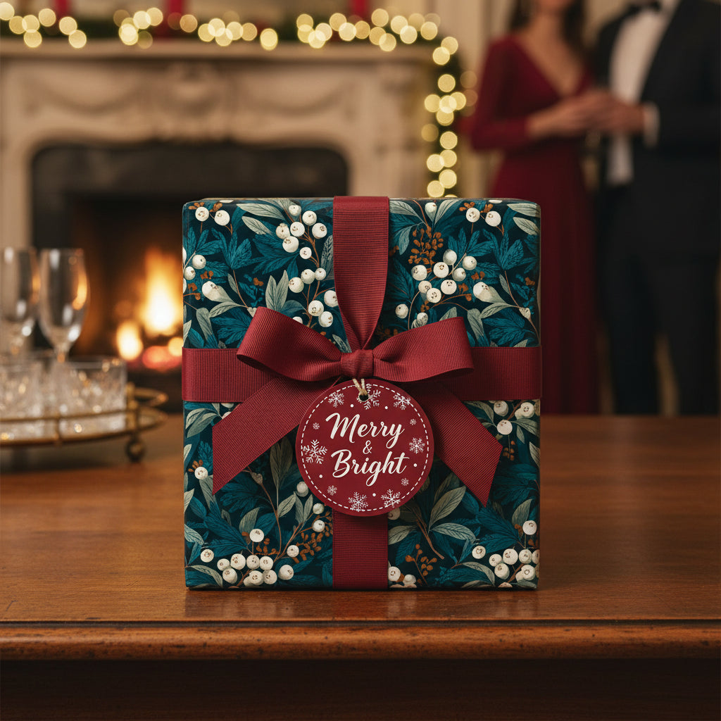 Elegant Christmas gift wrapped in dark floral wrapping paper with a burgundy ribbon and "Merry & Bright" tag.