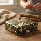 Dark green floral wrapping paper with twine and gift tag on a square gift box.