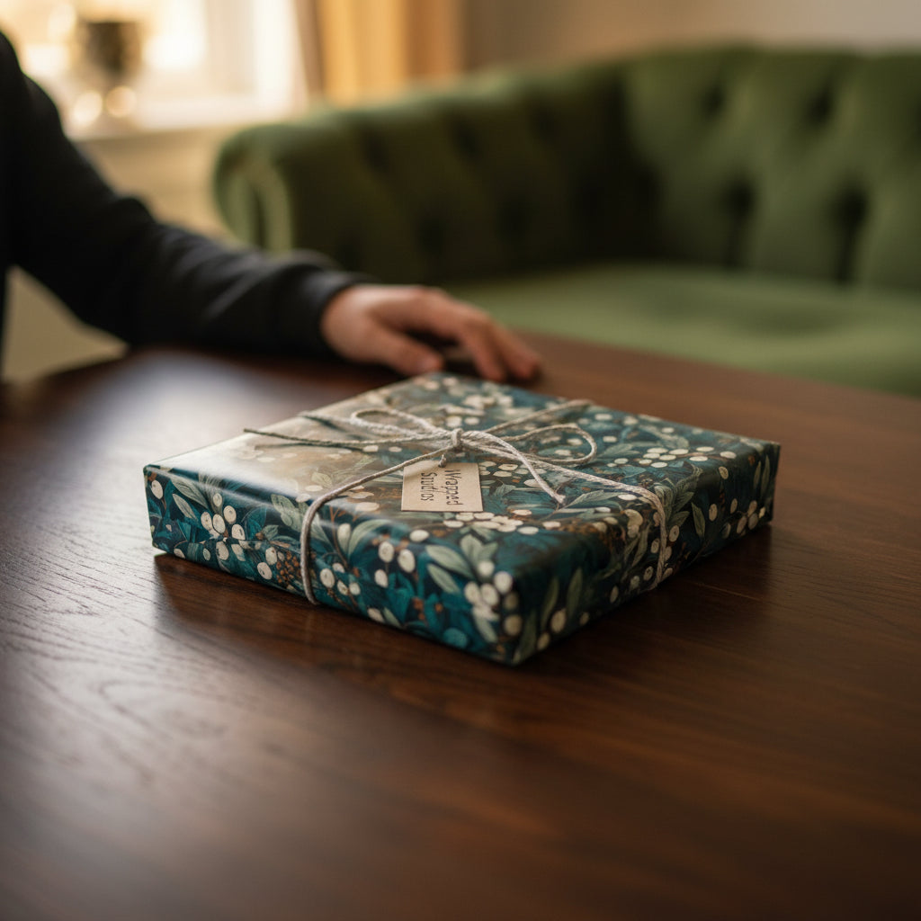 Elegant gift wrapped in dark teal floral wrapping paper with twine and a gift tag.