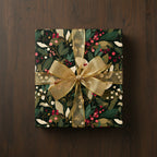Square gift wrapped in floral Christmas wrapping paper with a gold ribbon on a wood surface.