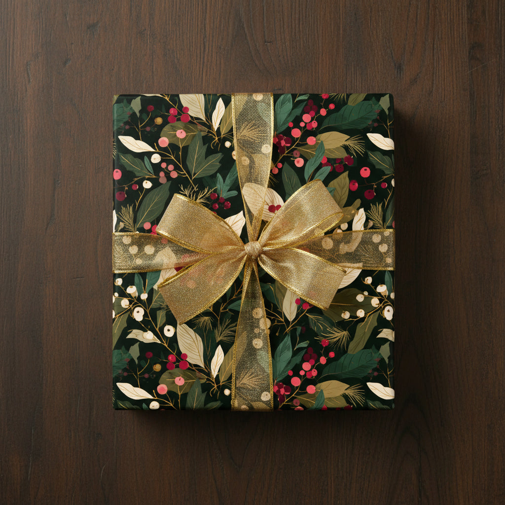 Square gift wrapped in floral Christmas wrapping paper with a gold ribbon on a wood surface.