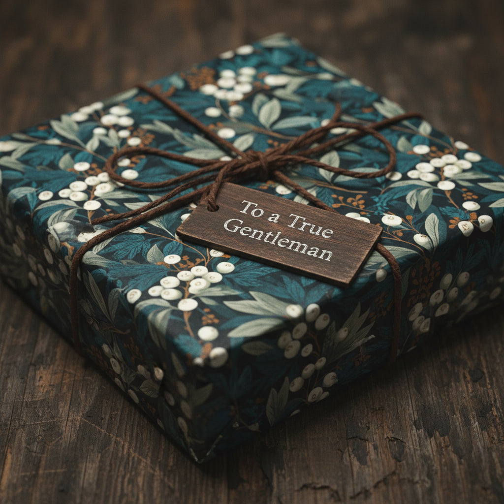 Elegant gift wrapped in dark floral wrapping paper with twine and a wooden tag.