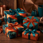 Elegant mountain scene gift wrap. Teal and copper color palette, satin and velvet ribbons.