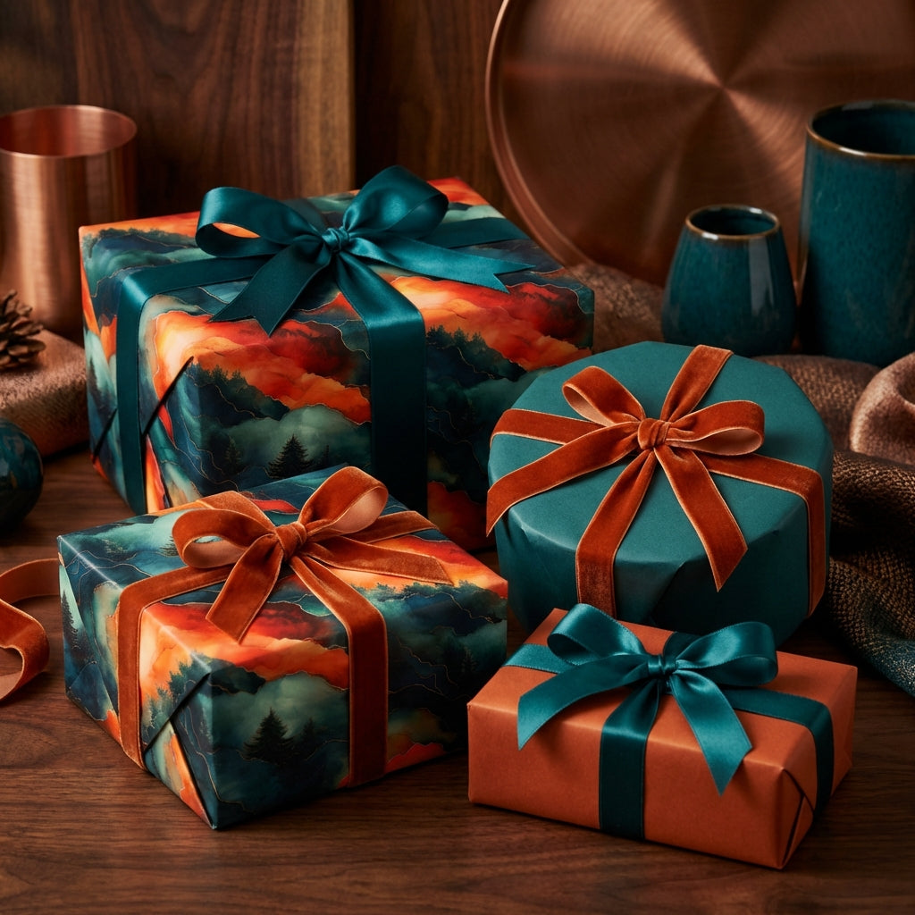 Elegant mountain scene gift wrap. Teal and copper color palette, satin and velvet ribbons.