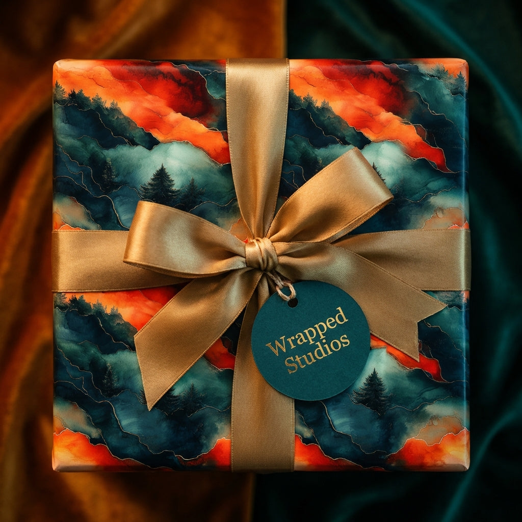 Elegant gift in abstract mountain and forest wrapping paper by Wrapped Studios.