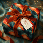 Luxury gift wrapped in artistic nature-themed paper with velvet bow, "Warm Wishes" tag.