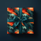 Luxury Christmas gift wrapped in forest mountain-scene wrapping paper with a teal ribbon bow.