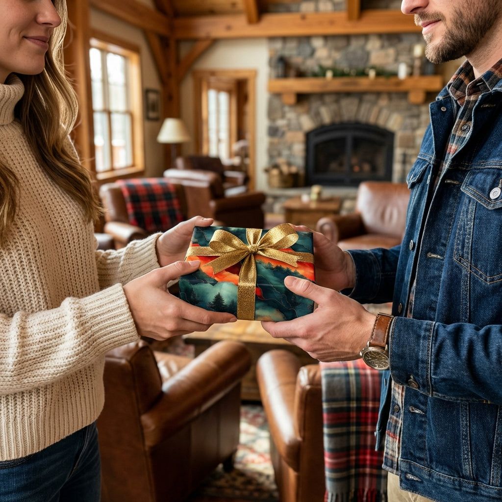 Couple exchanging gift with forest scene gift wrap and gold ribbon for Christmas or birthday.