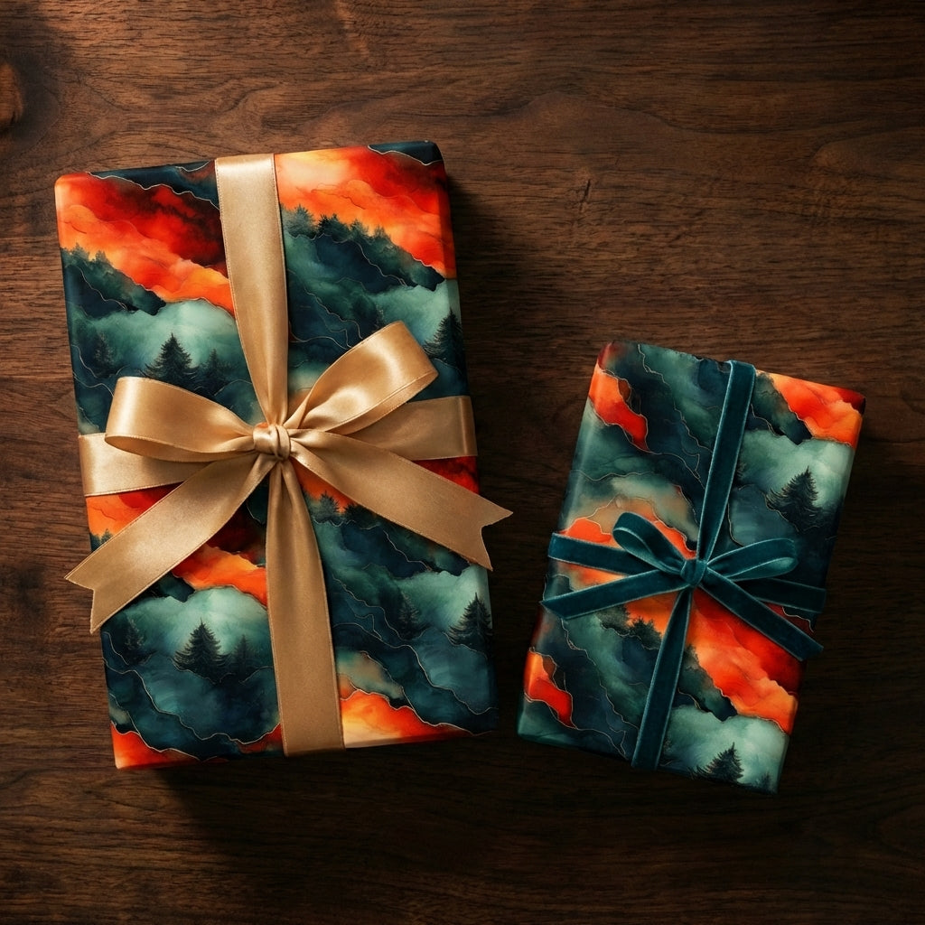 Two gifts wrapped in nature-themed wrapping paper with a gold ribbon and blue velvet ribbon.