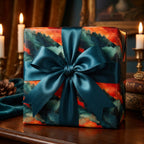 Elegant gift wrapped in rustic landscape wrapping paper with a teal satin bow, from Wrapped Studios.