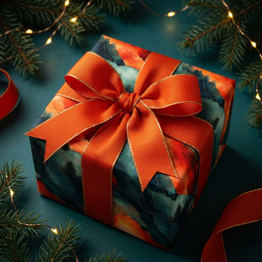 Elegant gift in abstract landscape wrapping paper with a gold ribbon.