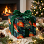 Elegant Christmas gift wrap with a forest mountain pattern, tied with a green velvet ribbon and tag.