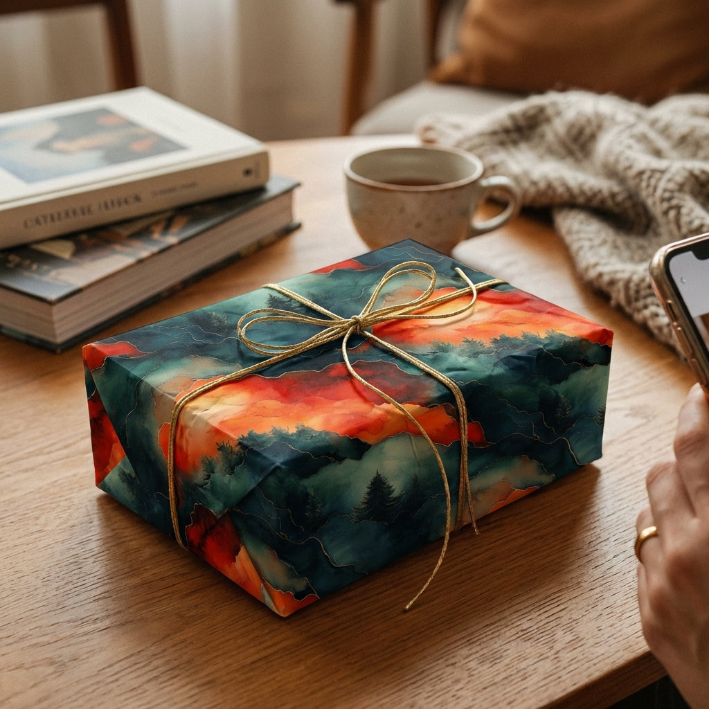 Abstract forest and sunset design wrapping paper with gold string.