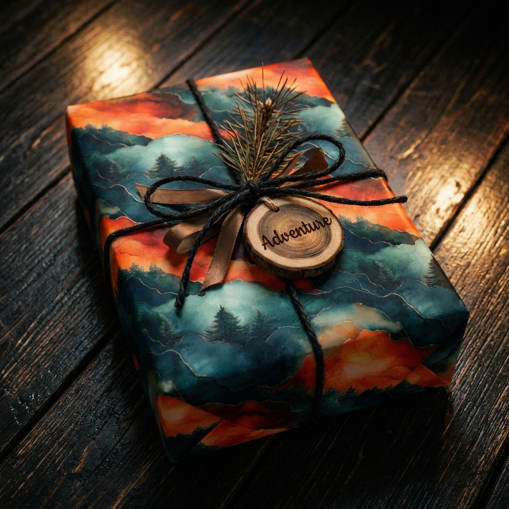 Adventure themed gift wrap with forest scene, ribbon, and wooden tag.