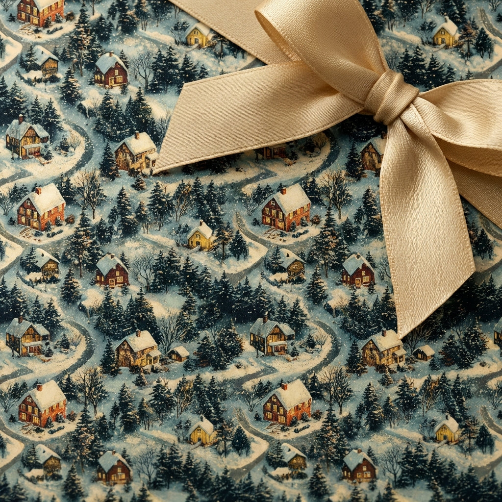 Winter village Christmas wrapping paper with gold ribbon, perfect for holiday gifts.