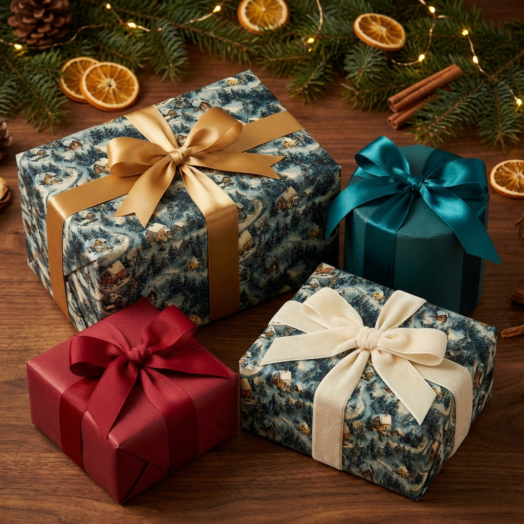 Festive Christmas gift wrap with village scene pattern and satin ribbons in gold, teal, red, and cream.