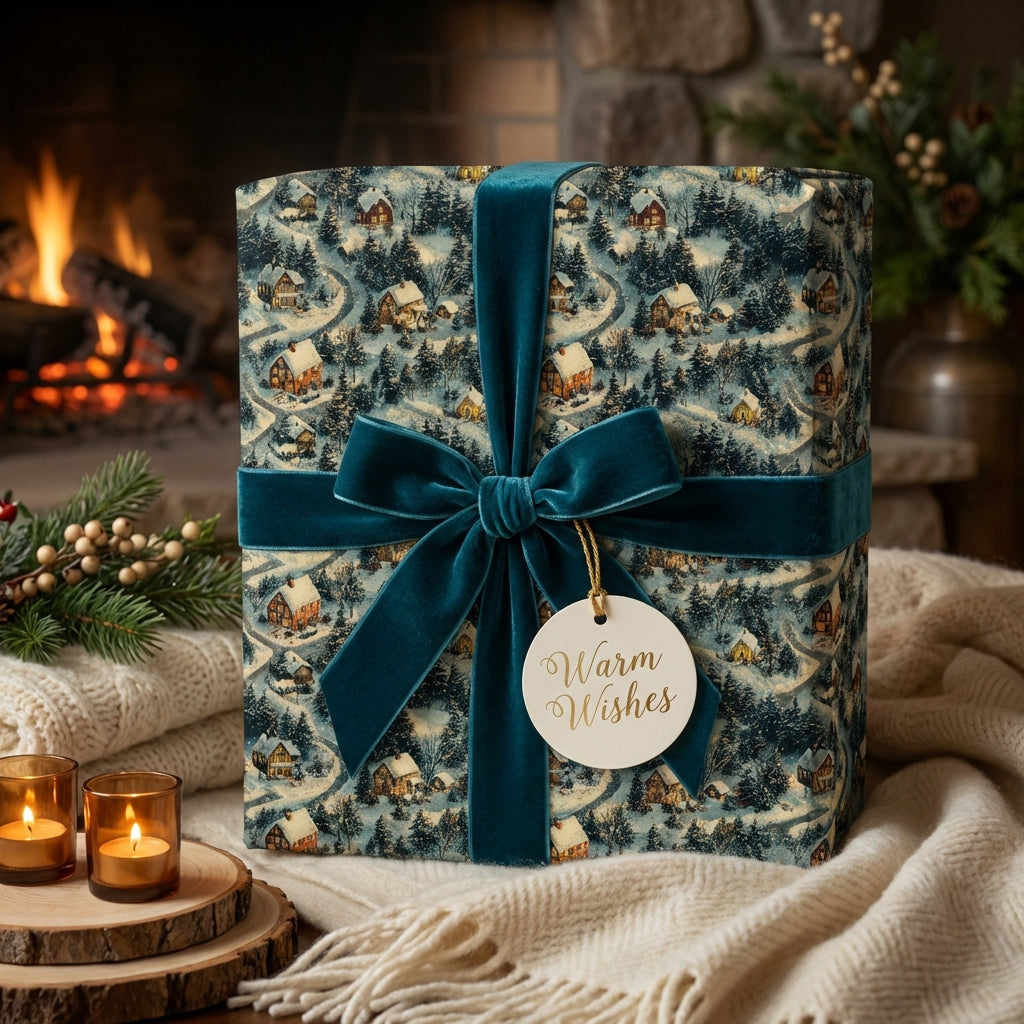 Cozy Christmas gift wrapped in winter village paper with a teal velvet bow near a fireplace.
