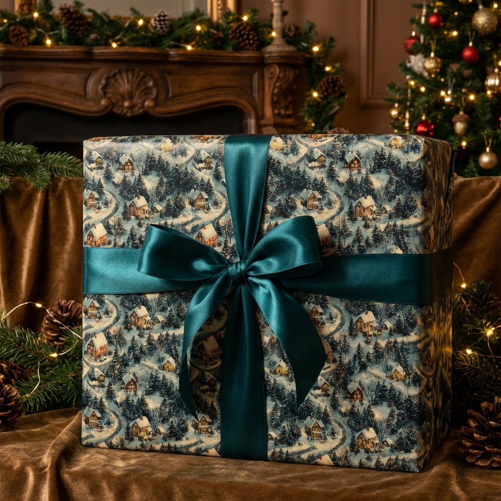Elegant Christmas gift wrapped in winter village patterned paper with a dark green satin bow.