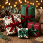 Holiday gift wrapping paper assortment: floral print with velvet ribbons, green and red solids.
