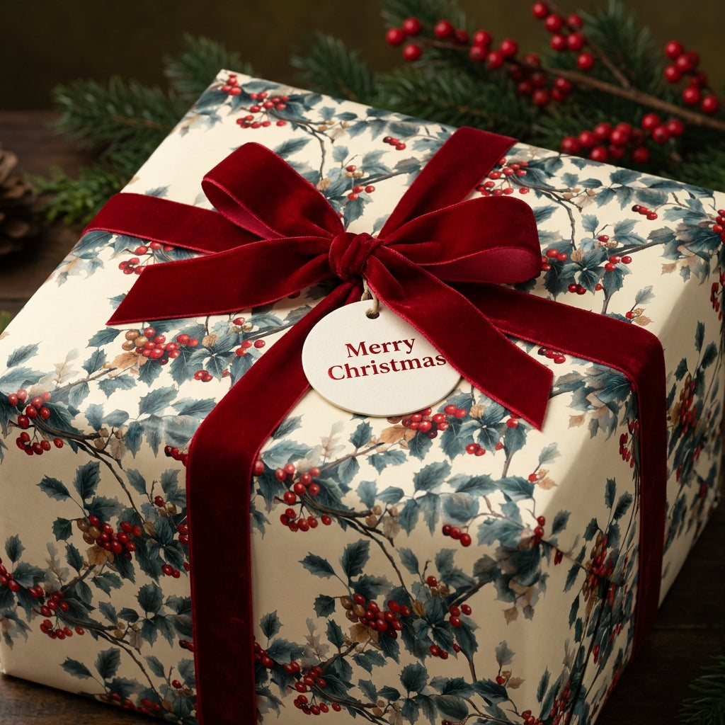 Christmas gift wrapped in festive botanical wrapping paper, tied with a red velvet ribbon.