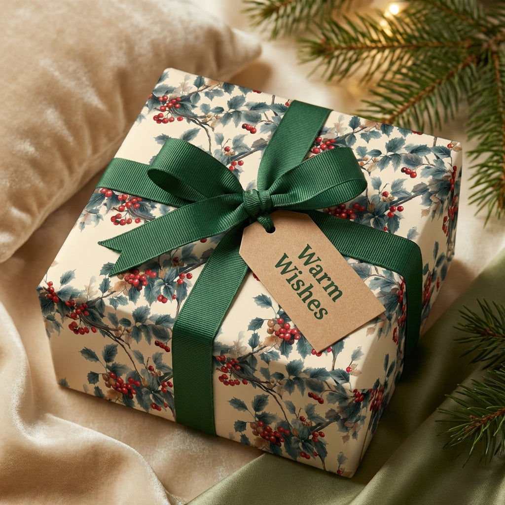 Elegant floral Christmas gift wrap from Wrapped Studios, featuring a dark green ribbon and "Warm Wishes" tag.
