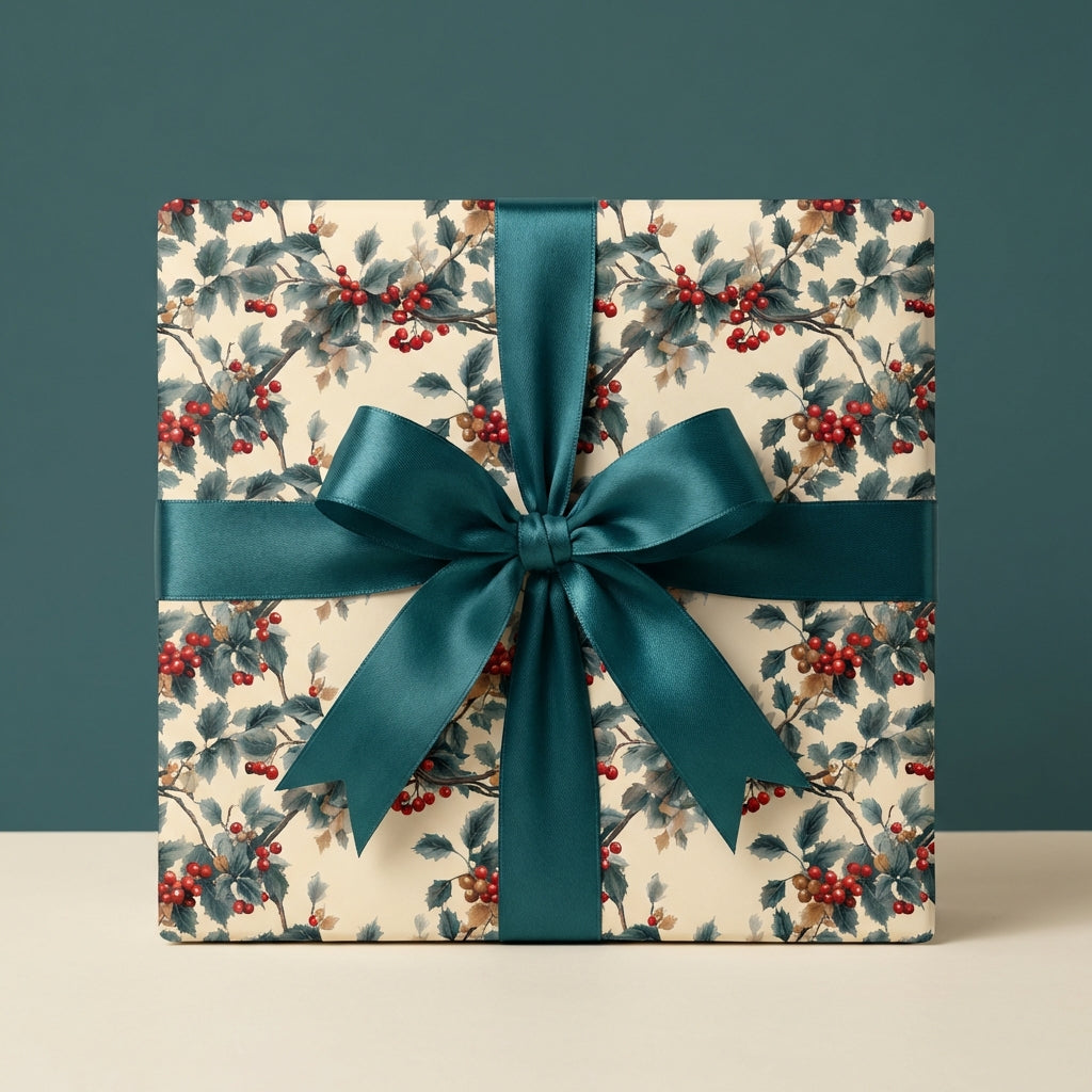 Square gift box wrapped in holly berry Christmas wrapping paper with teal ribbon from Wrapped Studios.