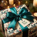 Wrapped Christmas gift with teal ribbon & holly floral wrapping paper.