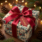 Elegant floral Christmas gift wrap with red satin ribbon and “No Peeking!” tag.