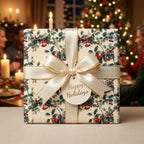 Elegant Christmas gift wrapped in holly berry paper with a cream satin bow.