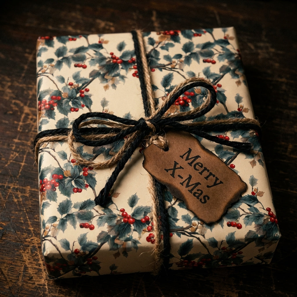 Christmas gift wrapped in vintage-style floral paper with twine and a "Merry X-Mas" tag.
